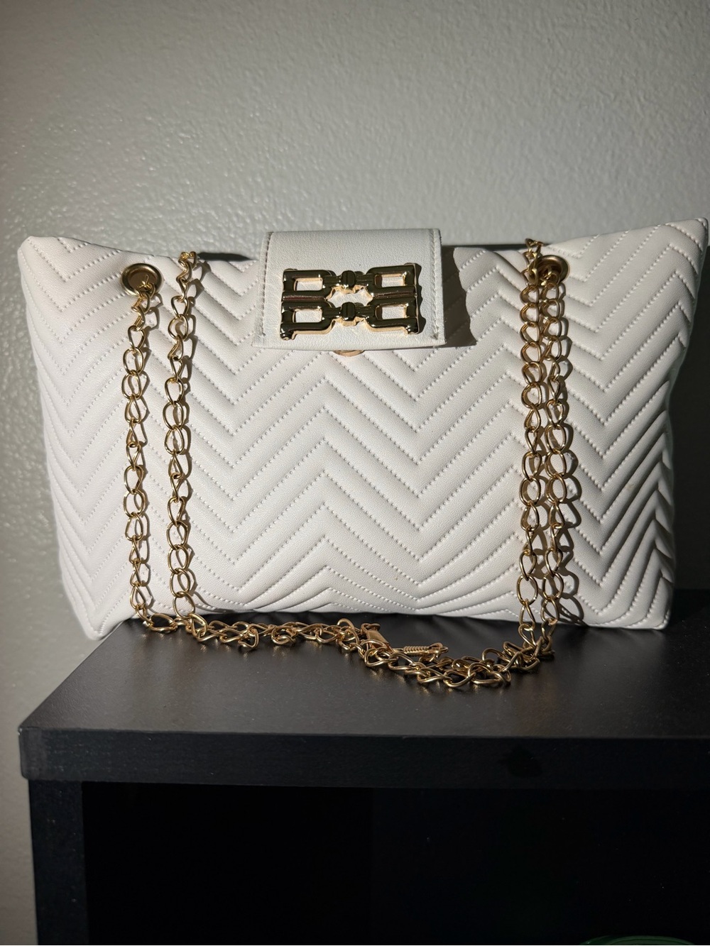 White Quilted Chain Shoulder Bag with Gold Hardware